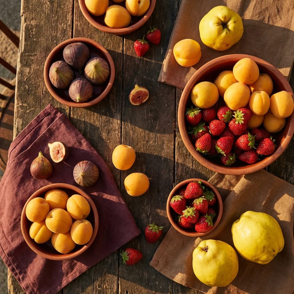 Freshly harvested Turkish fruits - figs, apricots, strawberries and quinces