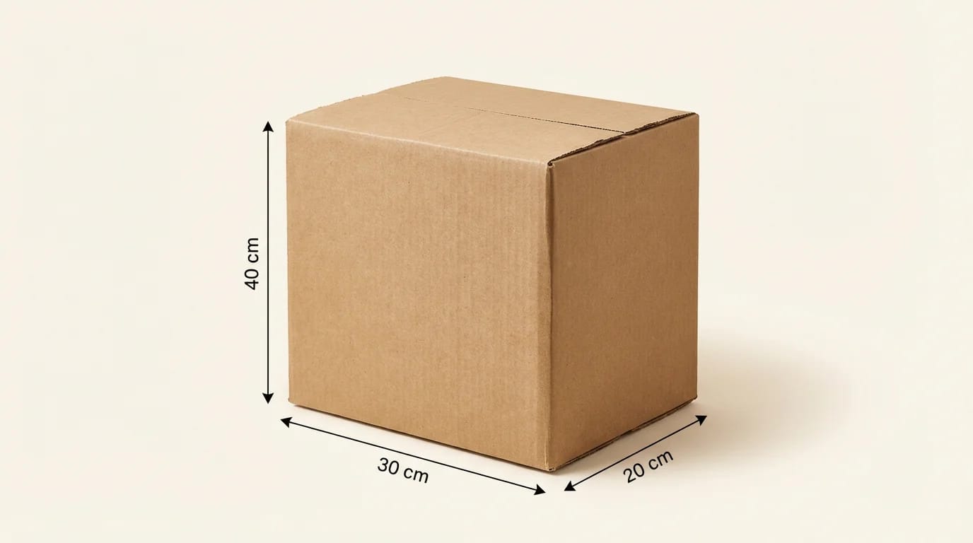 Standard cardboard shipping box dimensions: 40 x 30 x 20 cm