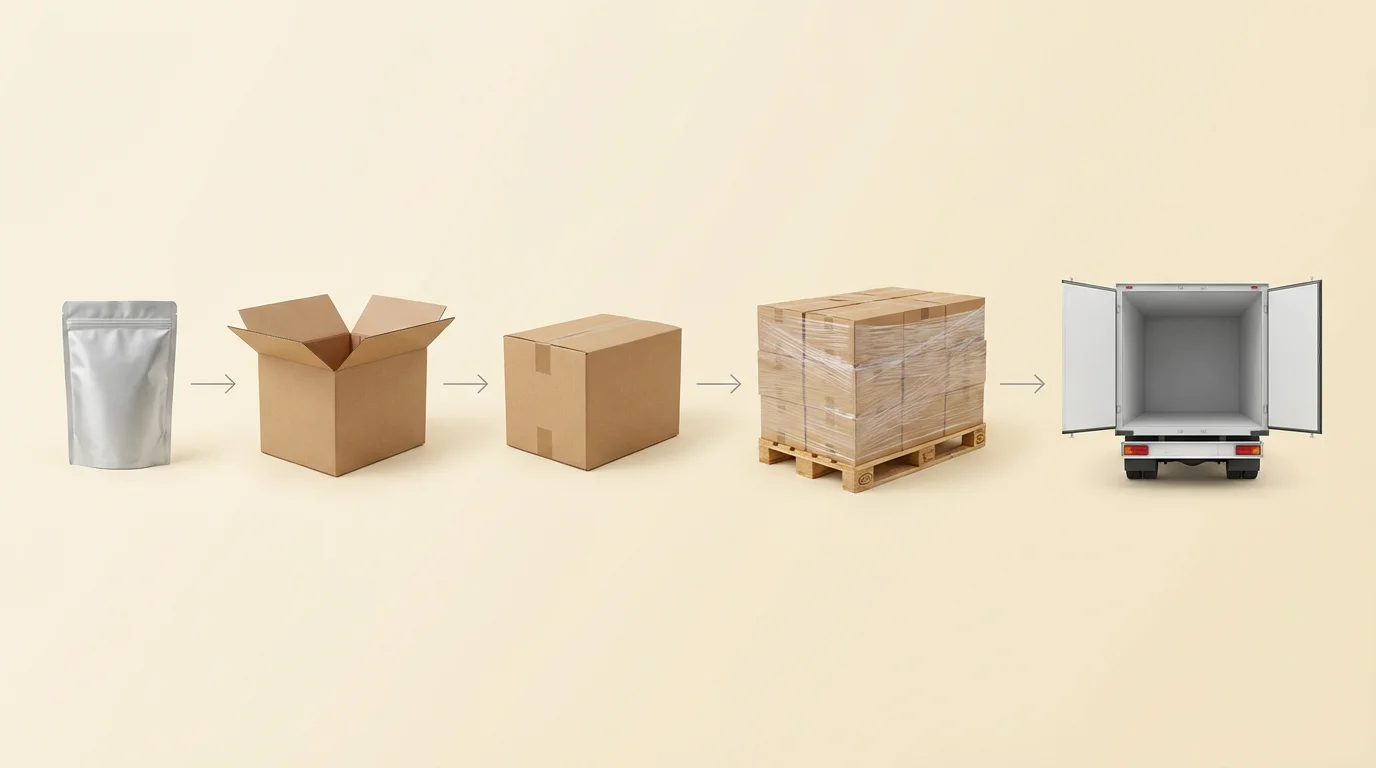 Order fulfillment flow: pouch to cardboard box, palletized and shipped